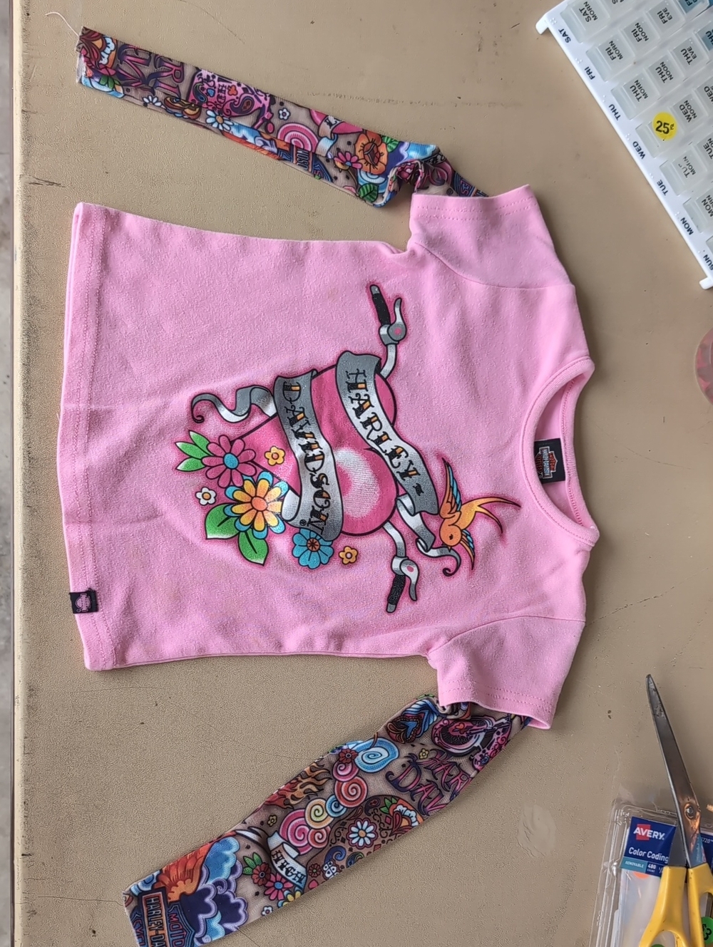 Harley-Davidson Girls' 2T Pink Floral Logo Tattoo-Sleeve Top